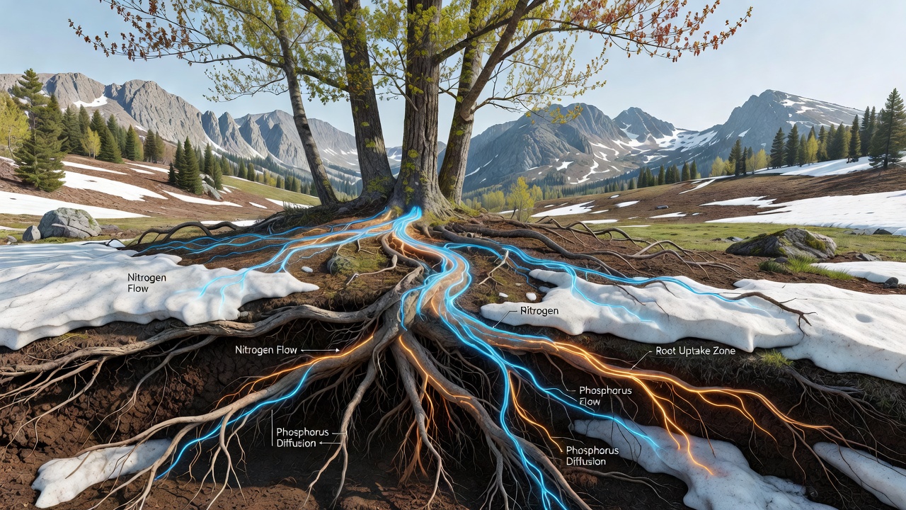 Cross-section diagram illustrating nutrient pathways in alpine maple root systems amid melting snow